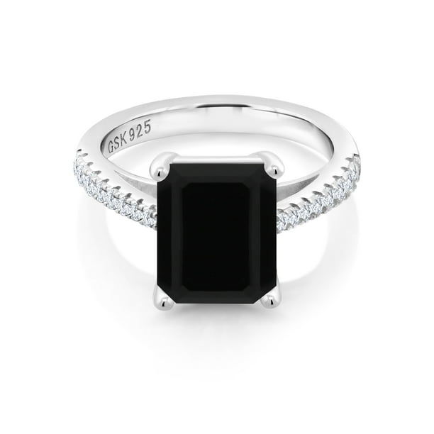 Gem Stone King 925 Sterling Silver Black Onyx And White Created Sapphire Women S Wedding Engagement Ring 3 39 Cttw Gemstone Birthstone 10x8mm Emerald Cut Available In Size 5 6 7 8 9 Walmart Com Walmart Com