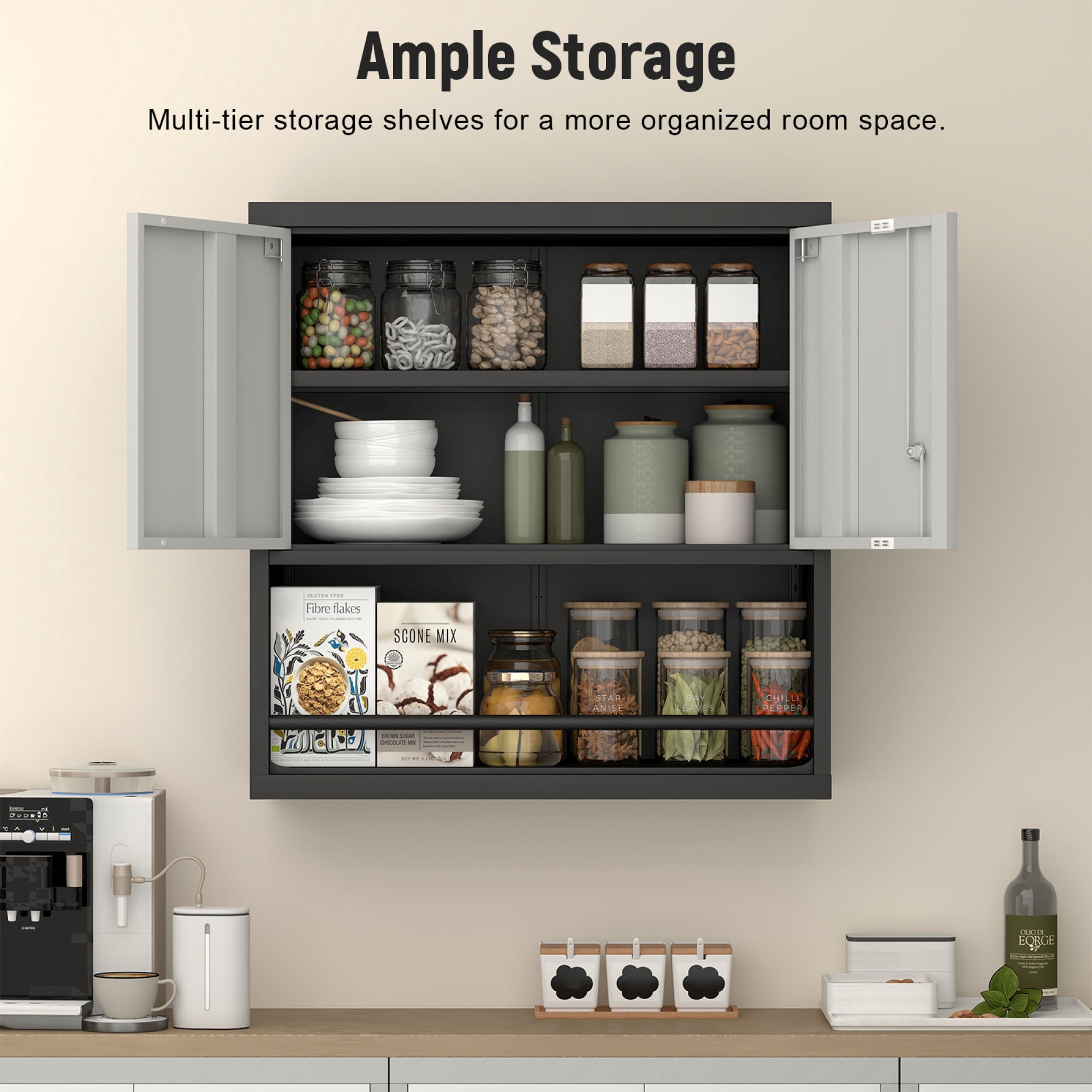 Kitchen Pantry Cabinet with Adjustable Shelves & 2 Doors,Metal Storage Cabinet with Locker for Kitchen,Living Room,Dining Room,Office,Black+Grey