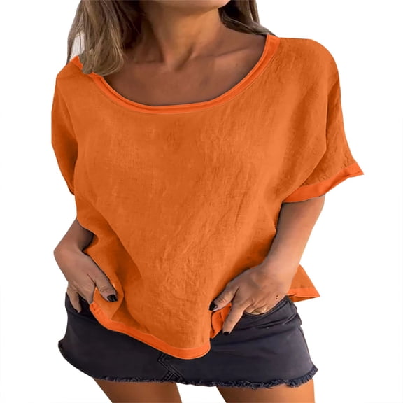 Linen T Shirts for Women! Comdrip Women's Casual Fashion Crewneck T Shirt with Cotton and Linen Panels Short Sleeved Top Linen Shirts for Women A L