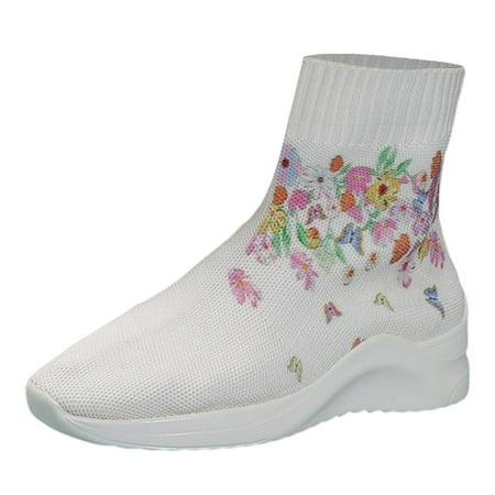 OJSFQUFP Winter Womens Boots Women s Casual Shoes Socks Boots Floral Patterns Comfortable Slip On Shoes Comfortable Fall Shoes Work Boot White 40
