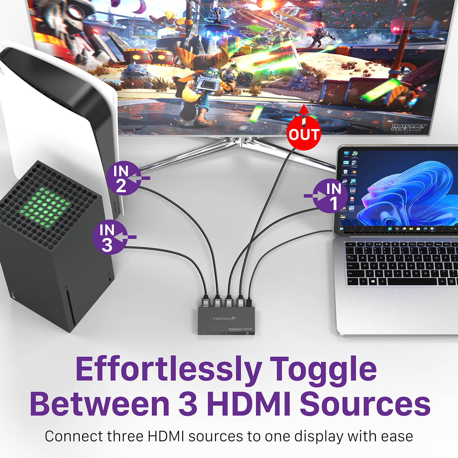 Fosmon 8K 3 Ports HDMI Switch with Remote, 3 In 1 Out 4K@120Hz 8K@60Hz HDR HDCP 2.3 HDMI 2.1 Splitter, Ultra High Speed 48Gbps for PS5, Xbox, Apple TV, Fire Stick