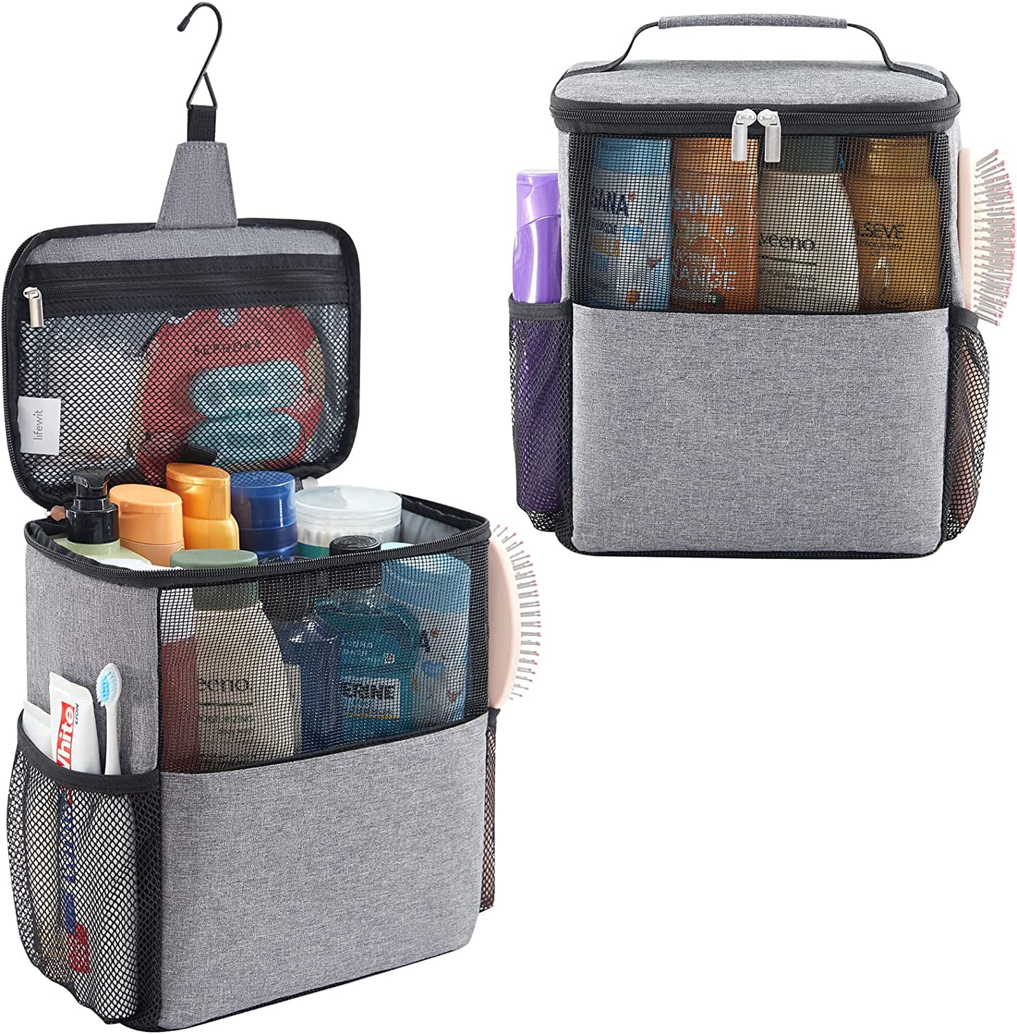 RGHJAR-Shower Bag Mesh Shower Caddy Portable College Dorm Room Essentials Tote Bag for Bathroom, Gym, Travel, Camping Quick Dry Hanging Shower Organizer Basket Toiletry Bag, Large, Grey