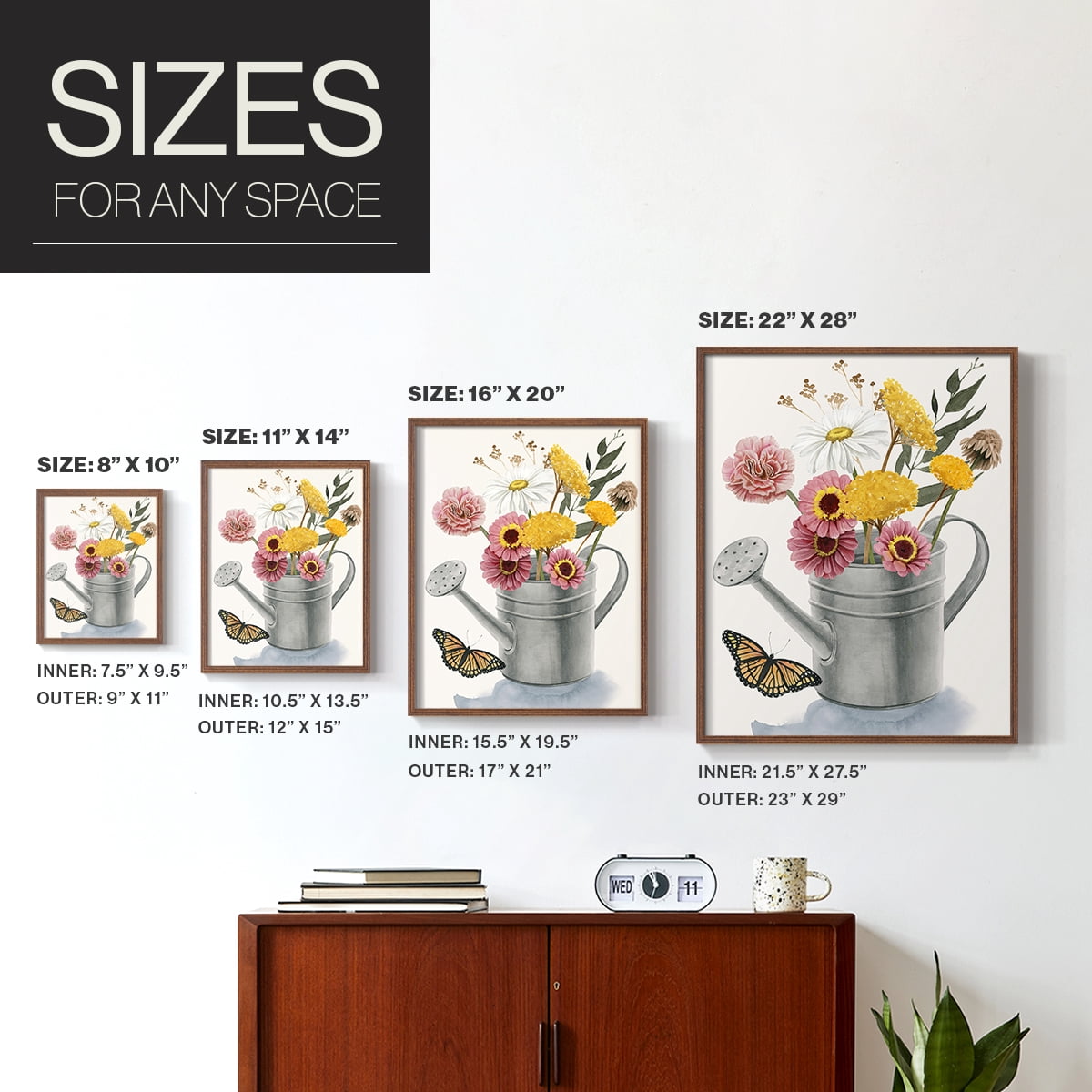 Watering Can Bouquet I Framed Print in Brown Solid Wood 8 x 10 Framed Print