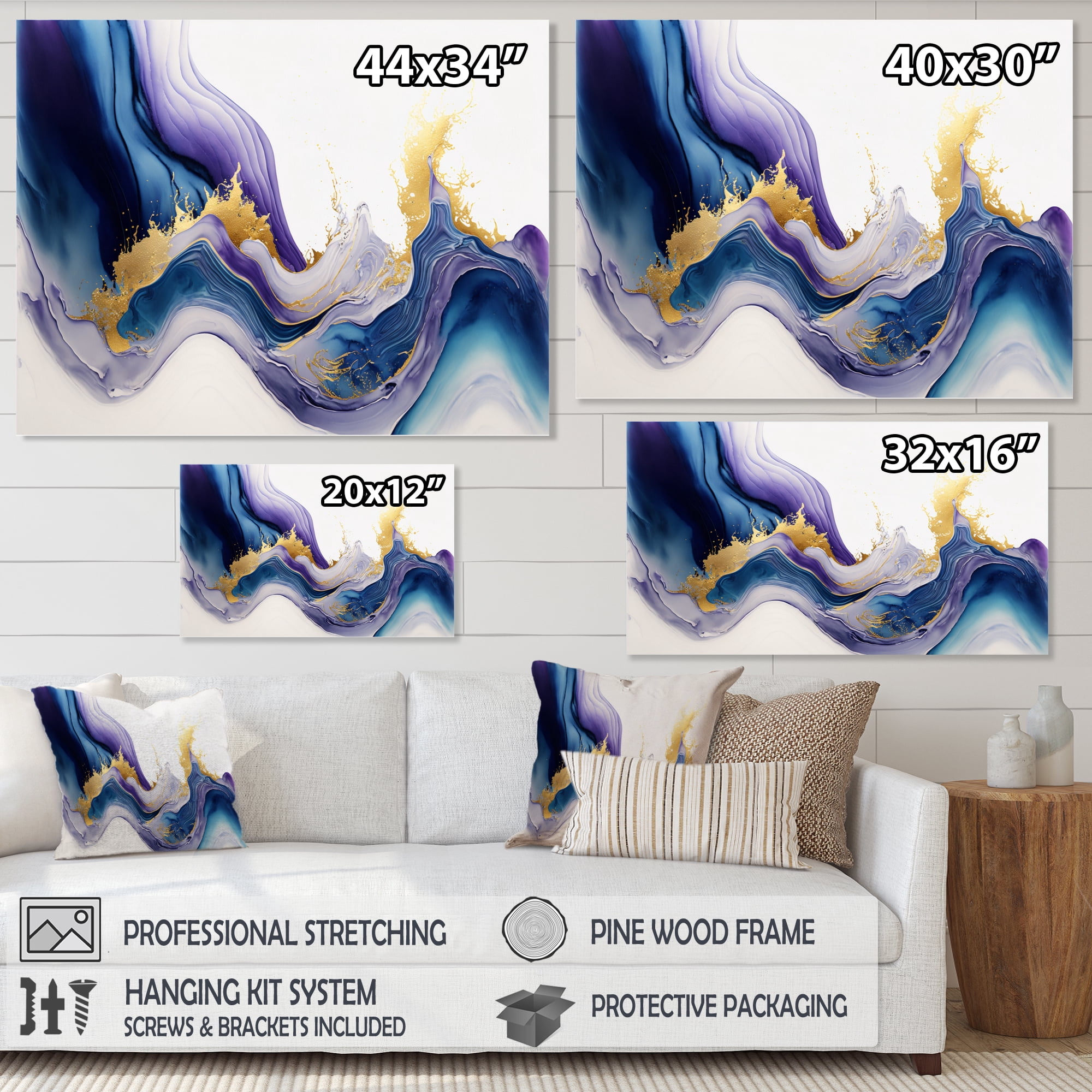 Designart Blue And Gold Splash Paint V Canvas Wall Art