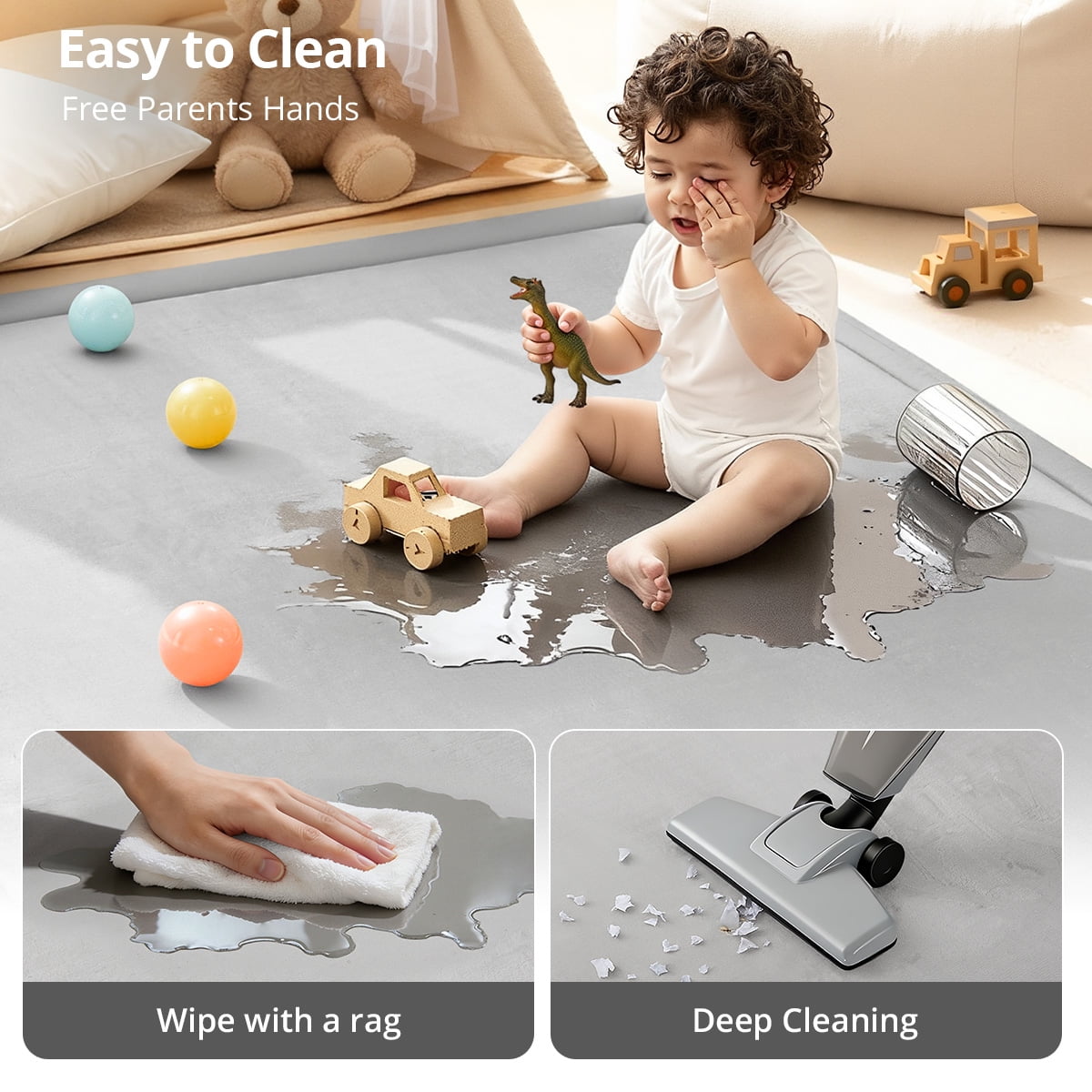 Baby Play Mat, Caveen Thicken Baby Playpen Mat, Flannel Soft Crawling Playmat for Infant, Anti-Slip, 50"x 50", Light Grey