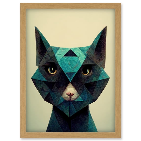 Fun Geometric Teal Cat Artwork Framed Wall Art Print A4