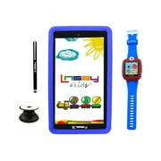 LINSAY 7" Kids Tablet 2GB RAM 32GB Android 12 WiFi Tablet for Children, Camera, Apps, Games, with Blue Kid Defender Case, Pop Holder, Pen Stylus and Kids Smart Watch blue