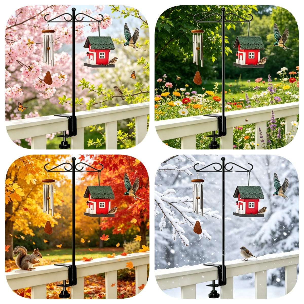 27.5" Shepherds Hooks for Outdoor, Heavy Duty Double Hook Bird Feeder Pole with Railing Mount, Rust-Resistant Garden Hanging Stand for Bird Feeders, Lanterns & Plants