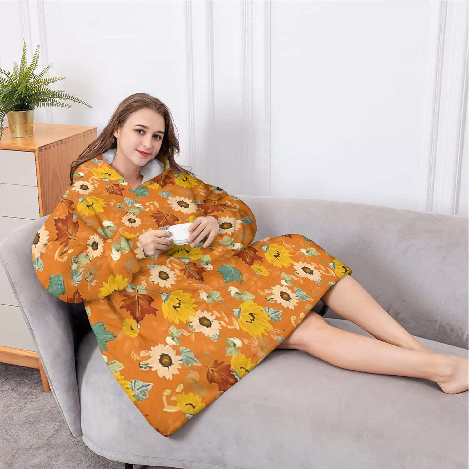 Oversized Wearable Blanket Hoodie,Orange Leaf Sunflower Pattern Sherpa Blanket Hoodie with Super Pockets,Super Warm Fuzzy Pullover for Women & Men