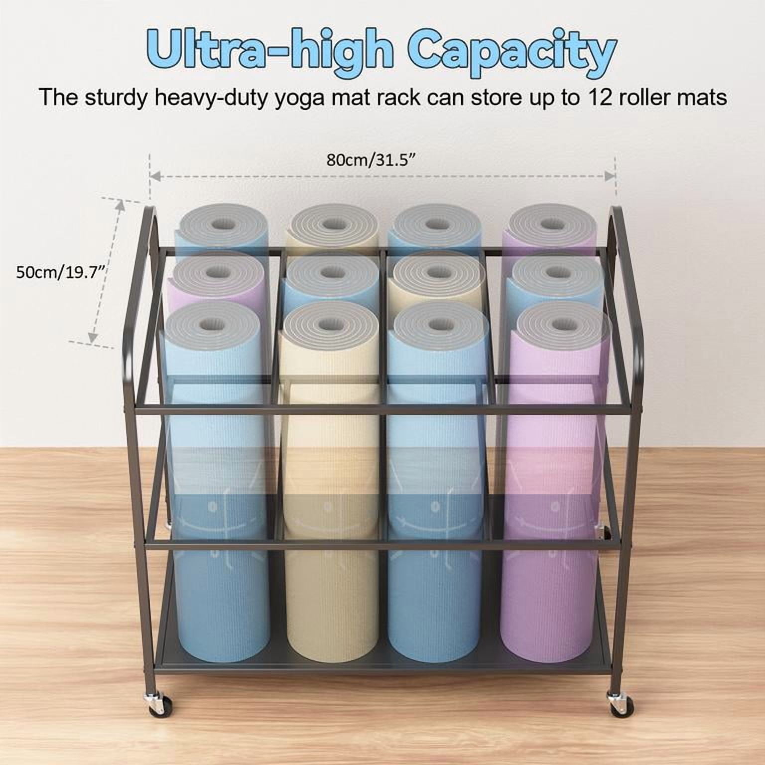 Yoga Mat Storage Rack with Wheels Iron Organizer Holds 12 Yoga Mats Thickened Metal Structure Durable Corrosion-Resistant 4 Smooth Rolling Wheels Easy Move Space Saving Keeps Workout Area Tidy