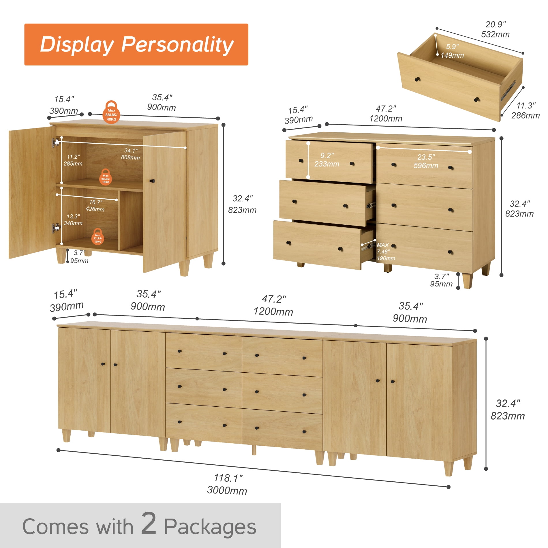 WAMPAT Wide TV Stand for 110+ Inches TVs, 3-in-1 Modern Wooden Media Console with 6 Spacious Drawers and 2 Storage Cabinets for Living Room, Oak