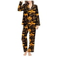thumbnail image 5 of Womens Halloween Pajamas Theme Full Printed 2 Pc Long Sleeve Pocket Button Down Lapel Shirts Loose Casual Pants Soft Fall Winter Silk Nightwear Cute Comfy Womens Loungewear Set Orange S, 5 of 7