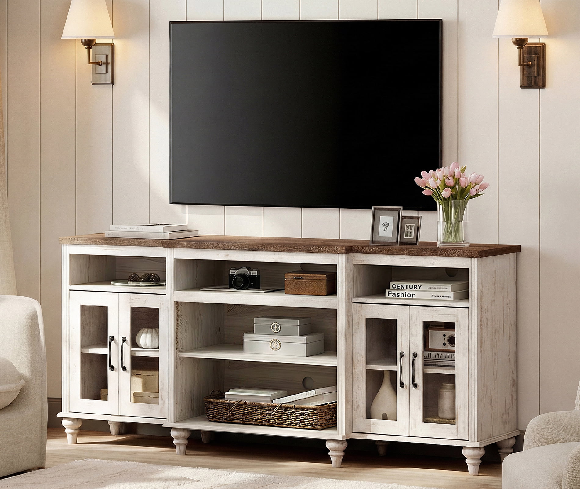 Farmhouse TV Stand for TVs Up to 75 inch, 4-Door Glass and Wood Universal TV Console with 9 Storage Cabinets, Entertainment Center Table for Living Room Bedroom, Rustic White