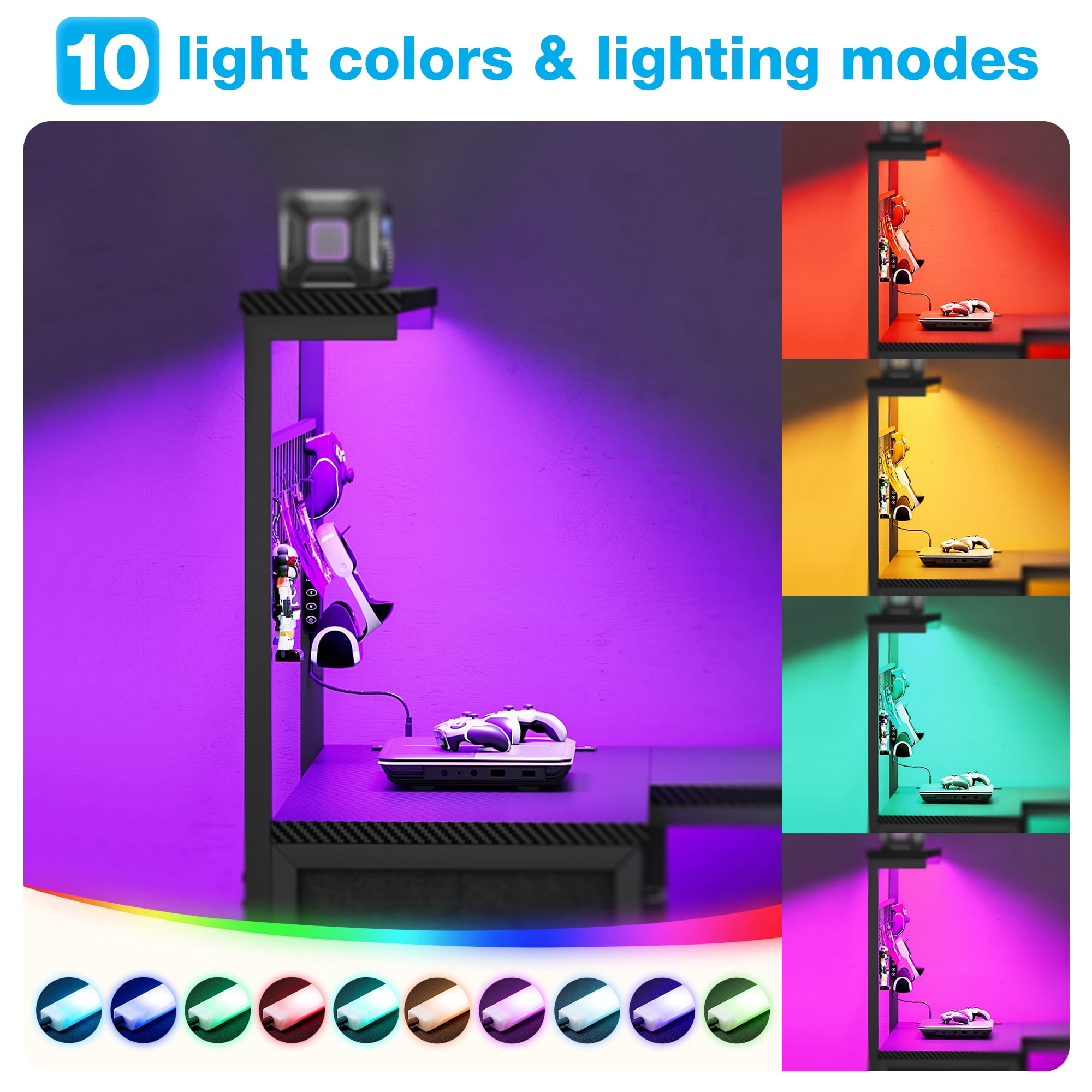 Casacomoda 43 inch L Shaped Desk with 4 Storage Drawers, Reversible L Shaped Gaming Desk with Power Outlets & LED Lights, Computer Desk with Movable CPU Stand & Hutch for Home Office, Black