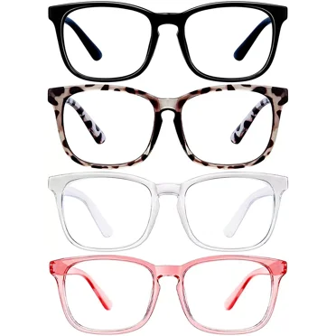 Blue Light Blocking Glasses for Women Men, 4Pcs Fashion Fake Anti Eye Strain Eyeglasses for Teens, Square Eyeglasses Frame Computer Glasses Non Prescription Reading Gaming Glasses