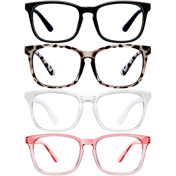 Blue Light Blocking Glasses for Women Men, 4Pcs Fashion Fake Anti Eye Strain Eyeglasses for Teens, Square Eyeglasses Frame Computer Glasses Non Prescription Reading Gaming Glasses