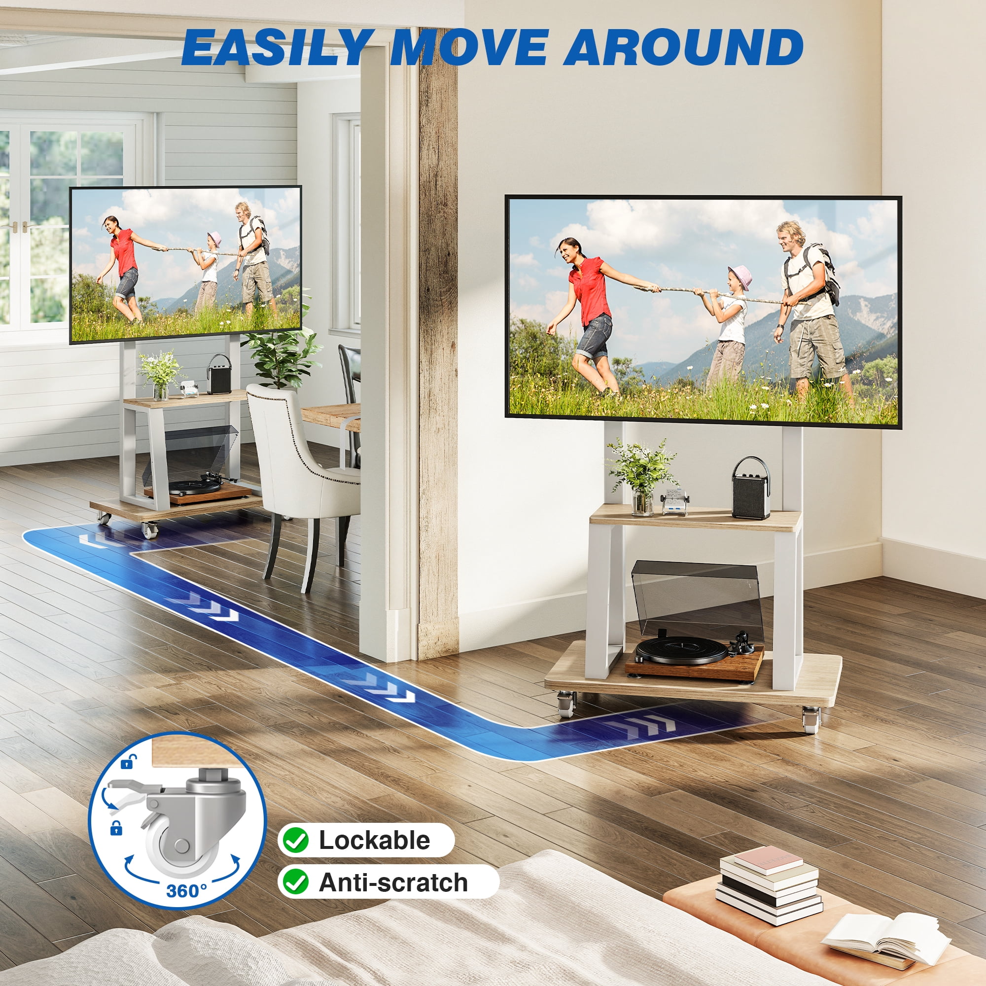RTVR Rolling TV Stand on Wheels for 37-75 inch Screens with Storage Shelves, Portable Mobile TV Cart Height Adjustable Mount Max 150 lbs, White