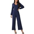 thumbnail image 2 of INSPIRE CHIC Women's V Neck Long Sleeve High Waist Wide Leg Casual Jumpsuits with Pockets S Dark Blue, 2 of 6