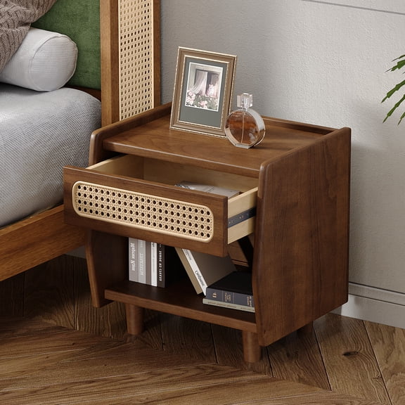 Christopher Knight Home 18.9"W Modern Nightstand, Bedside Table with Rattan Accent Drawer, Walnut