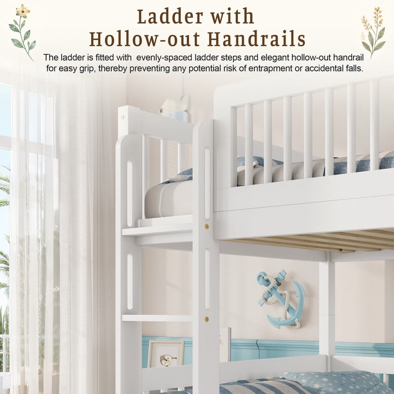 Twin-Over-Twin Size Convertible Kids Bunk Bed into 2 Platform Beds, Teens Wood Bed Frame with Ladder and Safety Guardrails