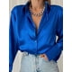 thumbnail image 1 of Camisa holgada con cuello de Polo para mujer, blusa de oficina Vintage, azul y verde, Tops de moda negros con botones, otoño, 1 of 4