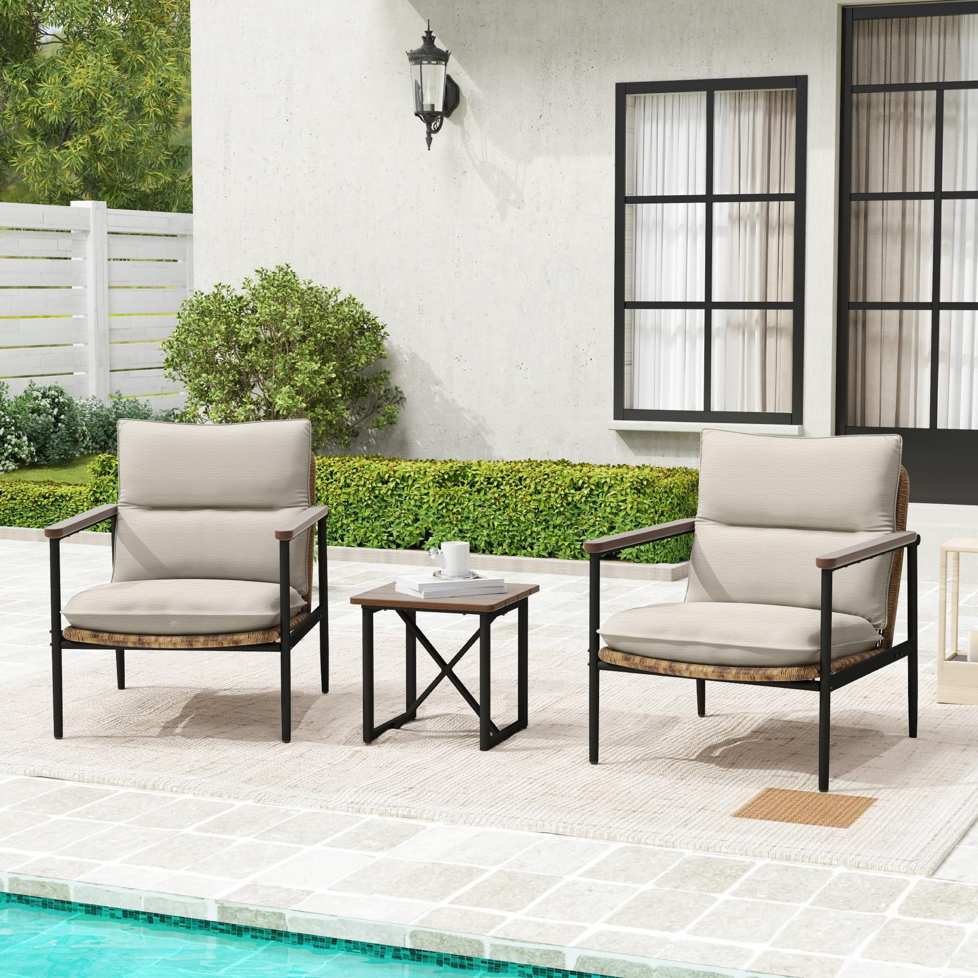 3-Piece Outdoor Patio Bistro Set with Aluminum Frame, Wicker Chairs & Acacia Wood Side Table, 4.7" Olefin Cushions, Weather-Resistant for Balcony, Porch, Backyard