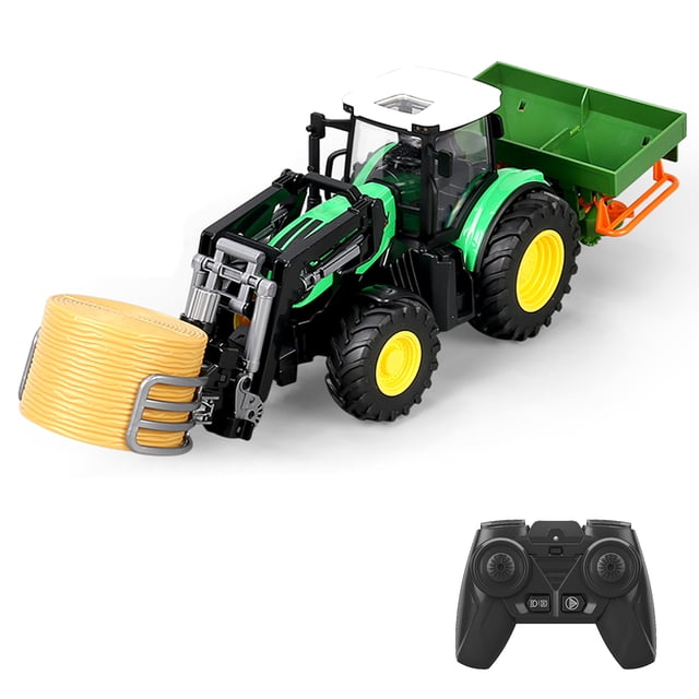 Carro de control remoto Coche de granjero simulado con control remoto Coche de control remoto multifuncional con pinza, esparcidor de fertilizante, Big Bale, iluminación Demostración de una tecla Eccomum Carro de control remoto