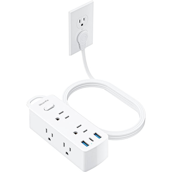 Flat Extension Cord 10ft, Flat Plug Power Strip with 6 Outlets 3 Ports(1 C), 3-Side Outlet Extender Surge Protector for Office Dorm Room Essentials, White