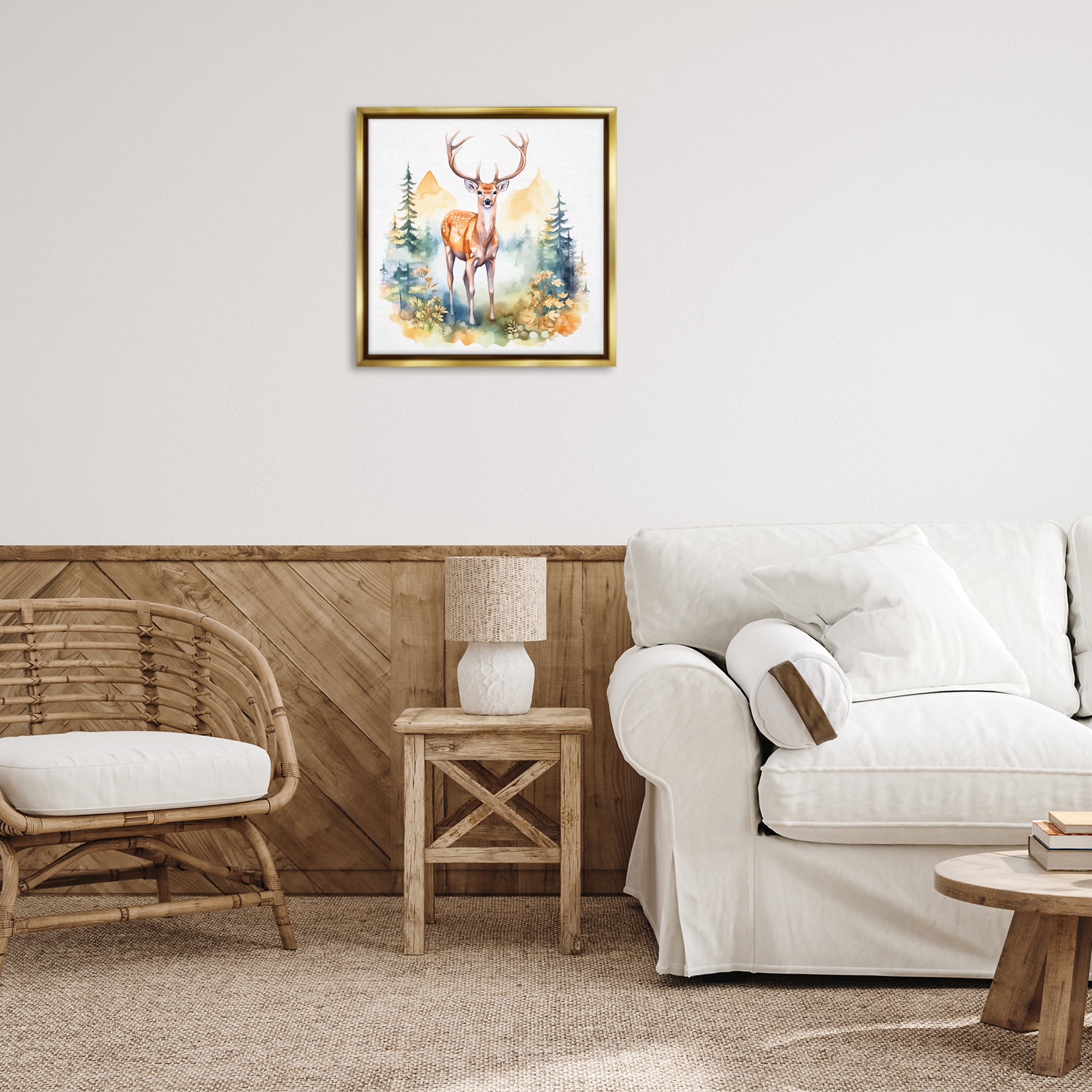 Stupell Industries Wild Deer with Mountains Animals Painting Gold Floater Framed Canvas Art Print Wall Art, 25 x 25