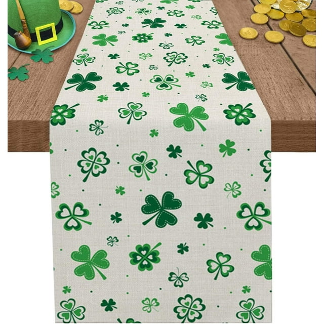 Lucky Clover Shamrocks Table Runner, St. Patricks Day Holiday Table Runners for Dining Table Decor, Kitchen Decor Burlap Table Runners 70 Inches Long St Patricks Day Decorations Dresser Scarf13x70in