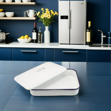 BESTYASH Enamel Roasting Pan with Lid White Non Stick Rectangular Baking Dish for Meat Vegetables Oven Safe