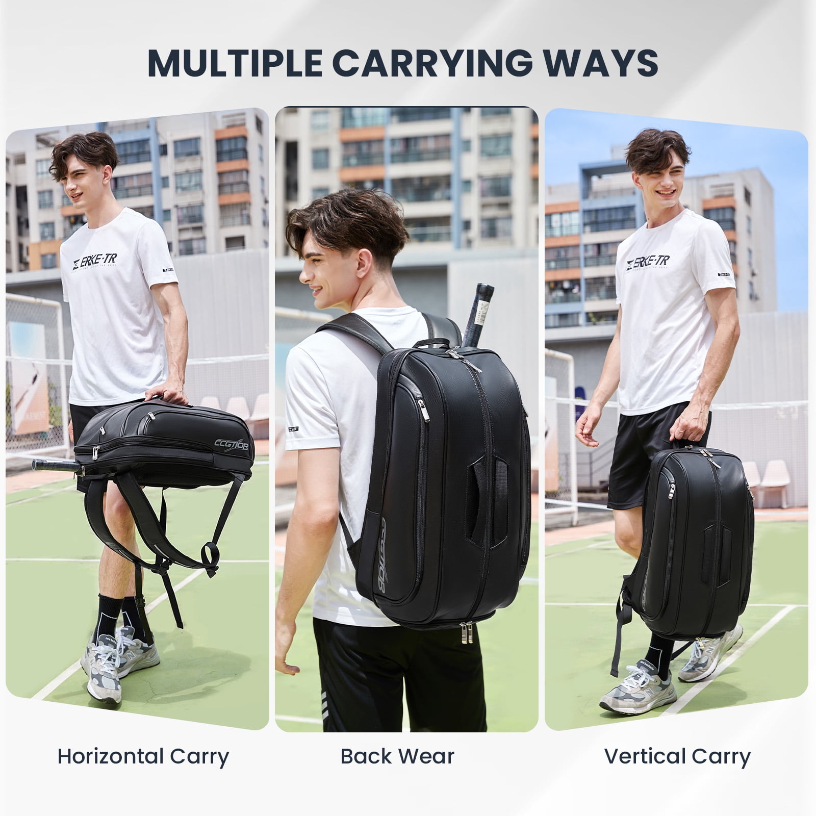 CCGTIOR Tennis Bags Convertible Padel Backpack - Duffle Bag For Paddles & Pickleball Accessories - Laptop Sleeve, Ball Sleeve, Fence Hook, Easy Access,Shoe Compartment (Black)