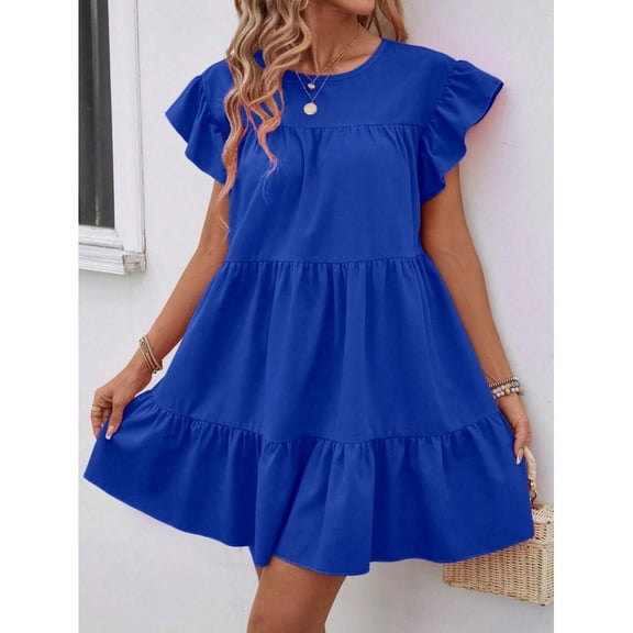 Royal Blue Solid Ruffle Hem Smock Dress With Flutter Sleeves For Casual Holiday Wear