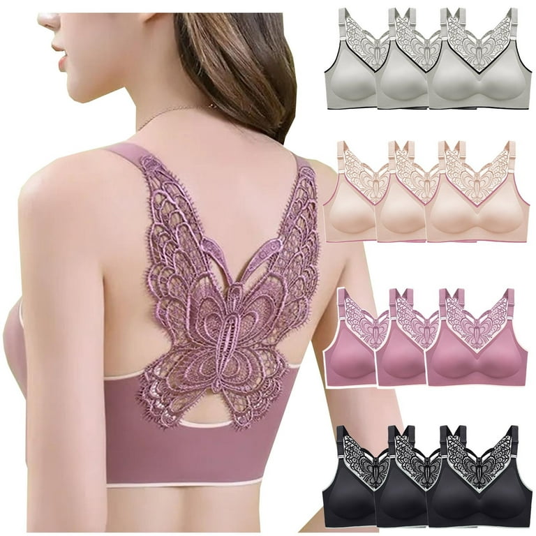 Women Push Up Bra Wire-Free Seamless Front Closure Lace Butterfly