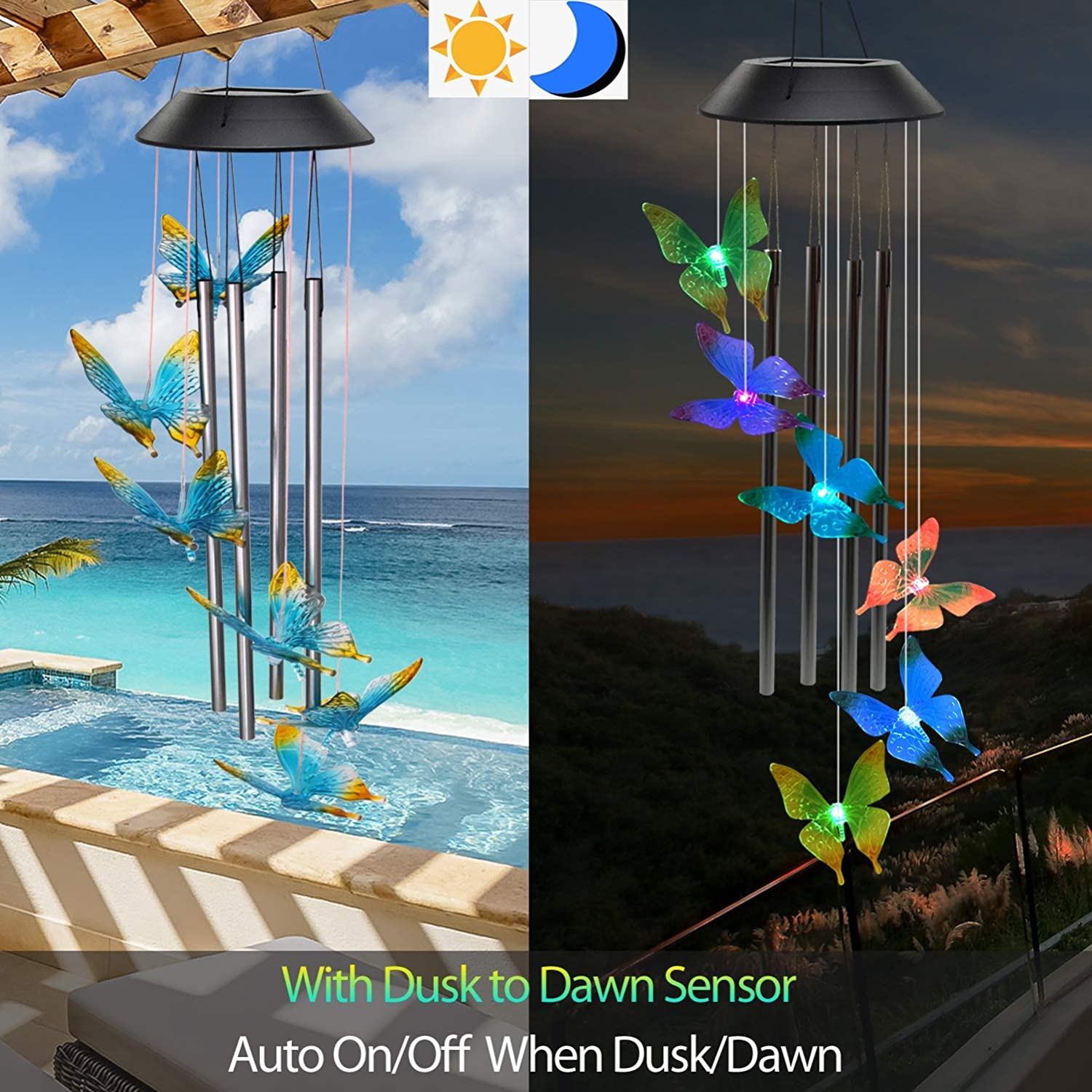 Solar Wind Chimes for Outside, Butterfly Windchimes with Music Metal Tubes, 7 Colors Changing LED Lights, Waterproof Wind Bells for Indoor Outdoor, Garden, Patio Decor, Love Memorial, Mom Gift