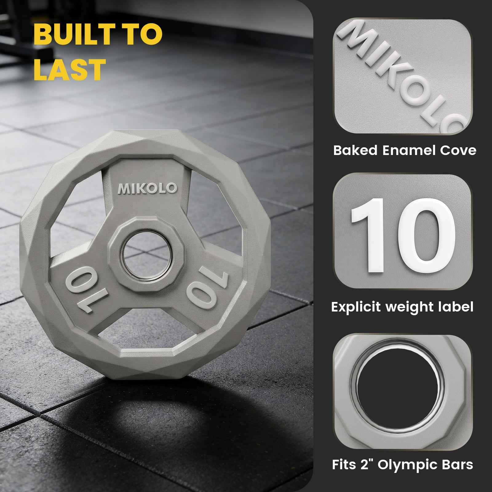 MIKOLO Color Coded Weight Plate 2-Inch Rubber Coated Olympic Grip Plate for Barbell, Solid Cast Iron for Strength Training, Weightlifting, Crossfit, Home Gym, 20LB, 10LB Pair
