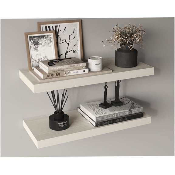 White Washed Floating Shelves Set of 2, 31.5 Inch Modern Wall Shelves with Hidden Brackets for Living Room, Bedroom, Bathroom Storage and Decor
