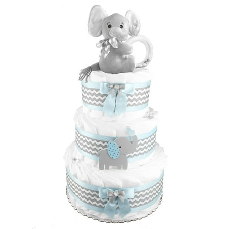 Trim Diaper Cake (Elephant 3-Tier Diaper Cake for a Boy - Baby Shower Centerpiece - Newborn Gift - Baby Gift - Baby Shower Gift - Blue and)