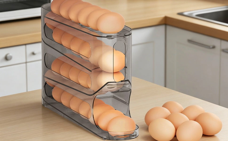 Rolling Egg Dispenser, Automatic Storage Organizer for 30 Eggs, Clear Holder, Space-Saving Stackable Design, Transparent Black Plastic Container for Fridge Side Door, 12.8 x 2.8 x 7.1 in