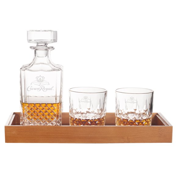 Crown Royal Whisky Decanter Set with 2 Drinking Glasses and Wooden Tray