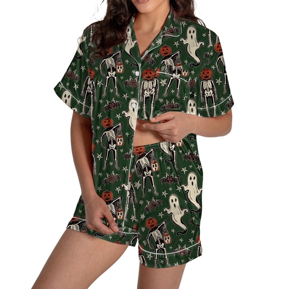 Halloween Pajamas Sets for Women 2 Piece Satin Pumpkin Print Button Short Sleeve 2 Piece Loungewear Halloween Printed Pajamas for Women