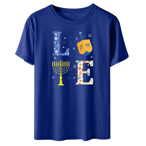 Penkiiy Happy Hanukkah Shirt Women Chrismukkah Shirt Cat Candle Shirt Love and Light T-Shirt Festival Short Sleeve Tops Dark Blue