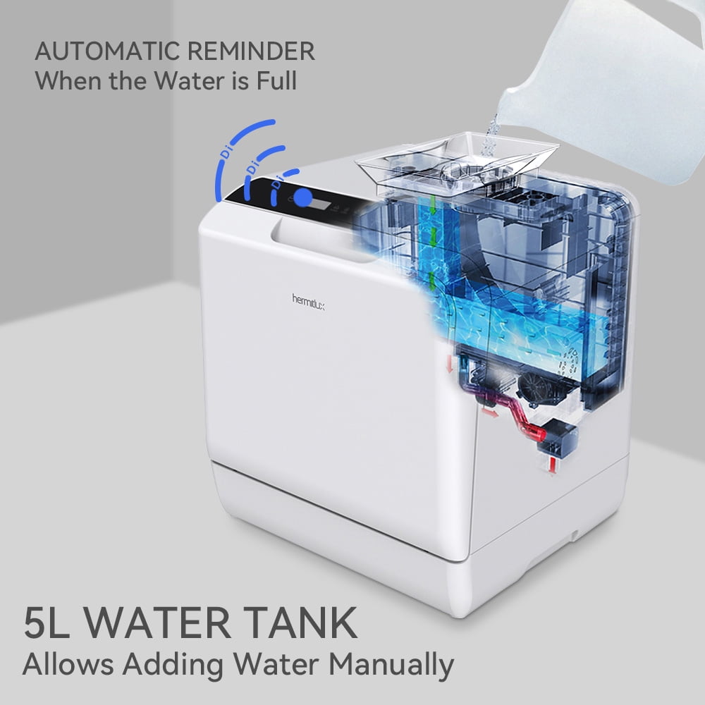 Hermitlux Portable Dishwasher Countertop, 5 Washing Programs Mini Dishwasher with 5-Liter Water Tank, HMX-DW04