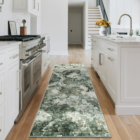 Hasoo Entryway 2'x 6' Runner Rug Polyester Green Abstract Indoor Carpet Non-Slip Washable