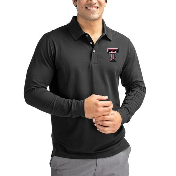 Men's Cutter & Buck Black Texas Tech Red Raiders Advantage Eco Tri-Blend Pique Long Sleeve Polo