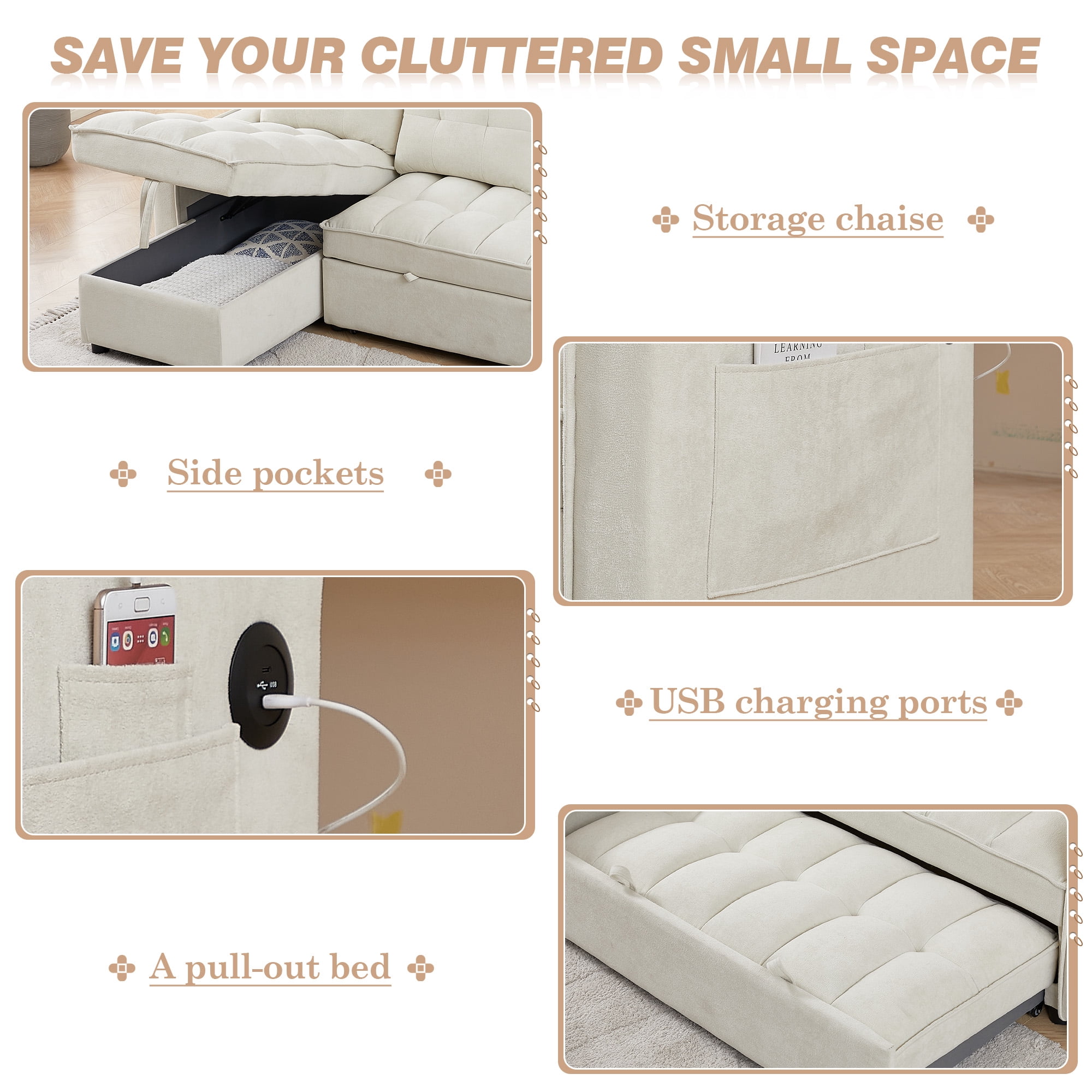 Lunale Convertible Sofa Bed with Reversible Storage Chaise, Sleeper Sectional Sofa with USB Charging Ports, L-Shaped Sectional Sofa for Apartment, Beige Chenille