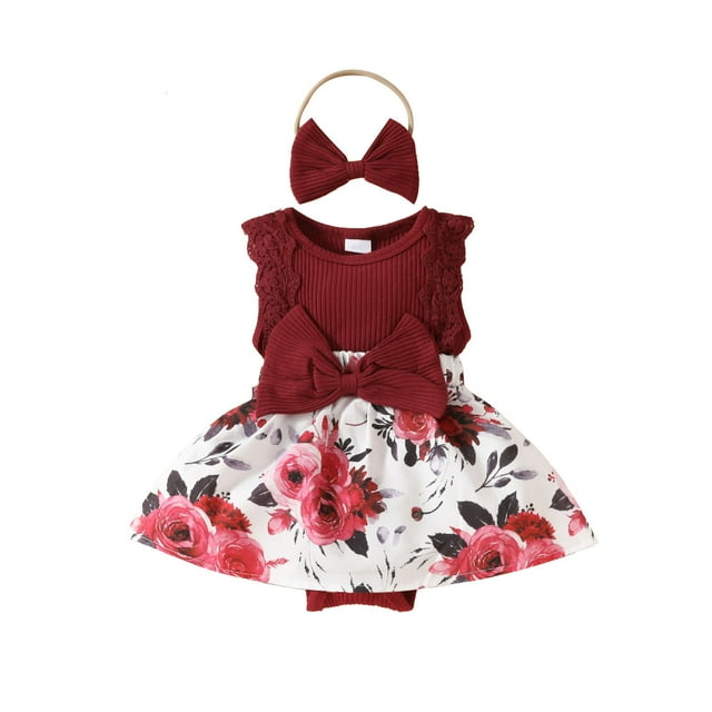 Birdeem Rompers Infant Girls Strip Cotton Lace Open Top with Dress Knot Bow Hairband Two Piece Set