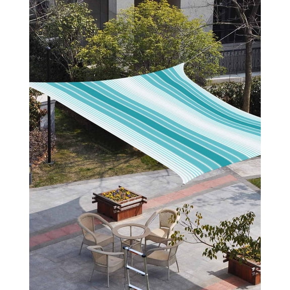 Turquoise Ombre Stripe Sun Shade Sail 14'x18' Rectangle Outdoor Shade Canopy, Farmhouse Simple Striped Porch Shades Outdoor Sun Blocking Screen, Sunshade Cloth Covers for Patio/Deck/Garden
