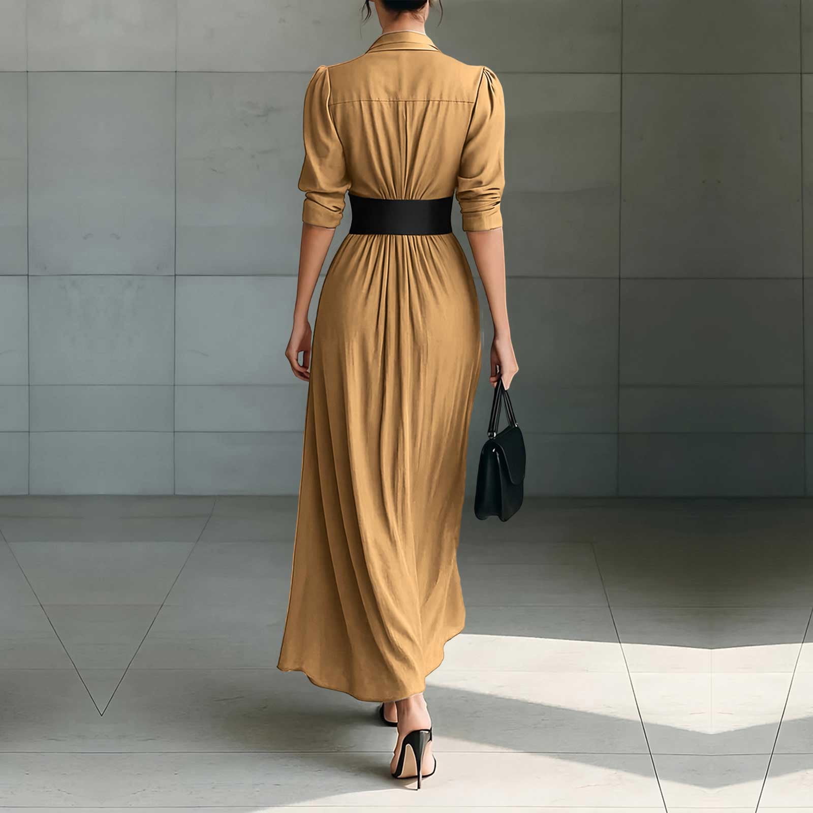 YueHuiYing Women's Single Breasted Shirt Lapel Elegant Belt Slim Fit Pleated Long Sleeves Solid Color Slit Party Dress