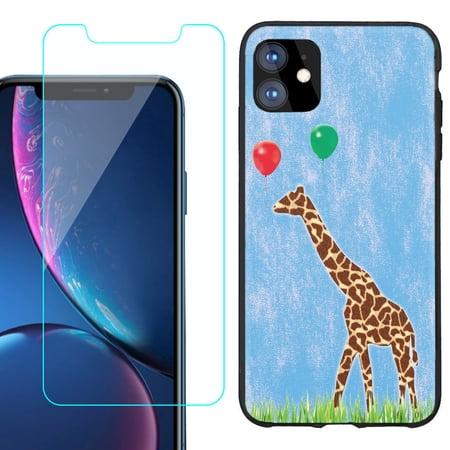 For Apple iPhone 11 Phone Case Slim-Fit TPU Protective Case (Black) with Tempered Glass Screen Protector by OneToughShield ® - Giraffe/Balloon
